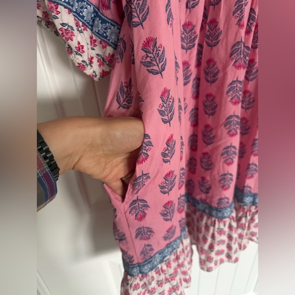 Old Navy Pink Blue Floral Boho Puff Sleeve Mini Swing Dress Tie Neck Large - Picture 5 of 8